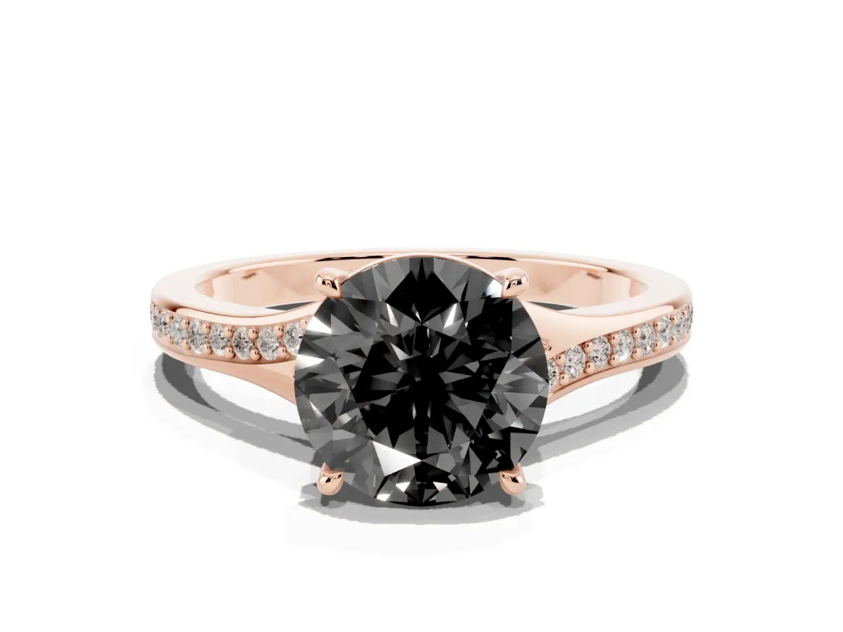 Fancy Black Round Cut Diamond Solitaire Ring with Pavé Band and Prong Setting Rose gold