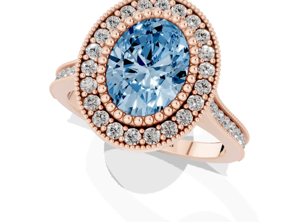 Fancy Blue Oval Cut Diamond Halo Ring with Milgrain Frame and Pavé Band Rose gold