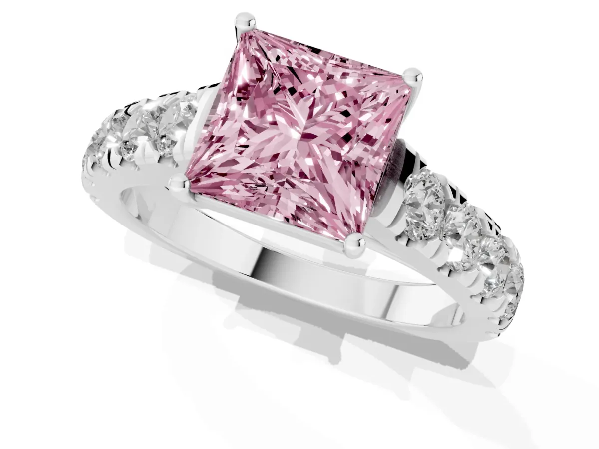 Fancy Pink Princess Cut Cut Diamond Solitaire Ring with Micro Pave Band and Prong Setting Silver