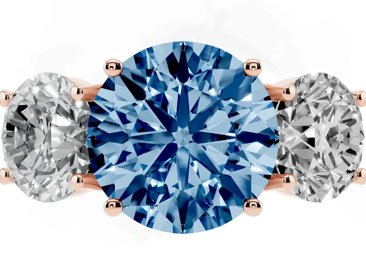 Fancy Blue Three-Stone Round Cut Diamond Pavé Band with Prong Setting Rose gold