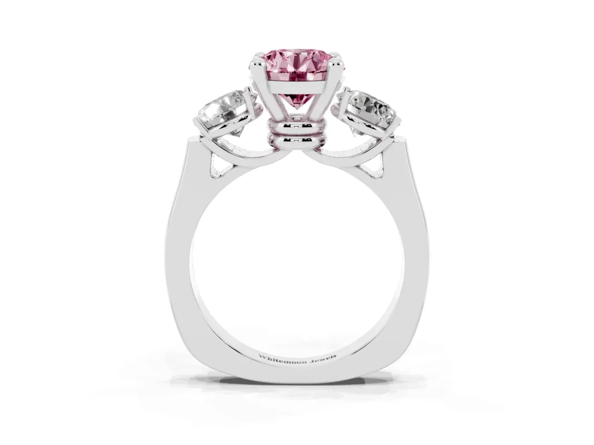 Fancy Pink Three-Stone Round Cut Brilliant Diamond Trellis Ring with Comfort Fit Band Platinum