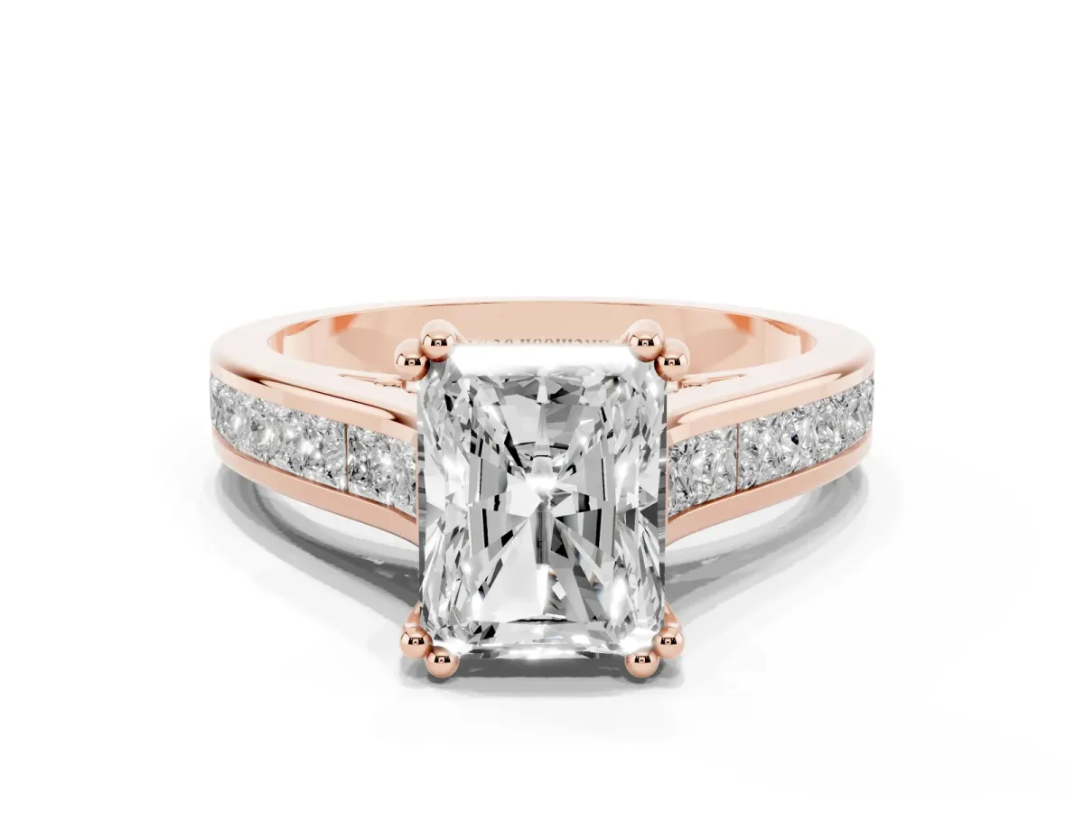 Radiant Cut Cut Channel Set Solitaire Engagement Ring with Prong Setting Rose gold