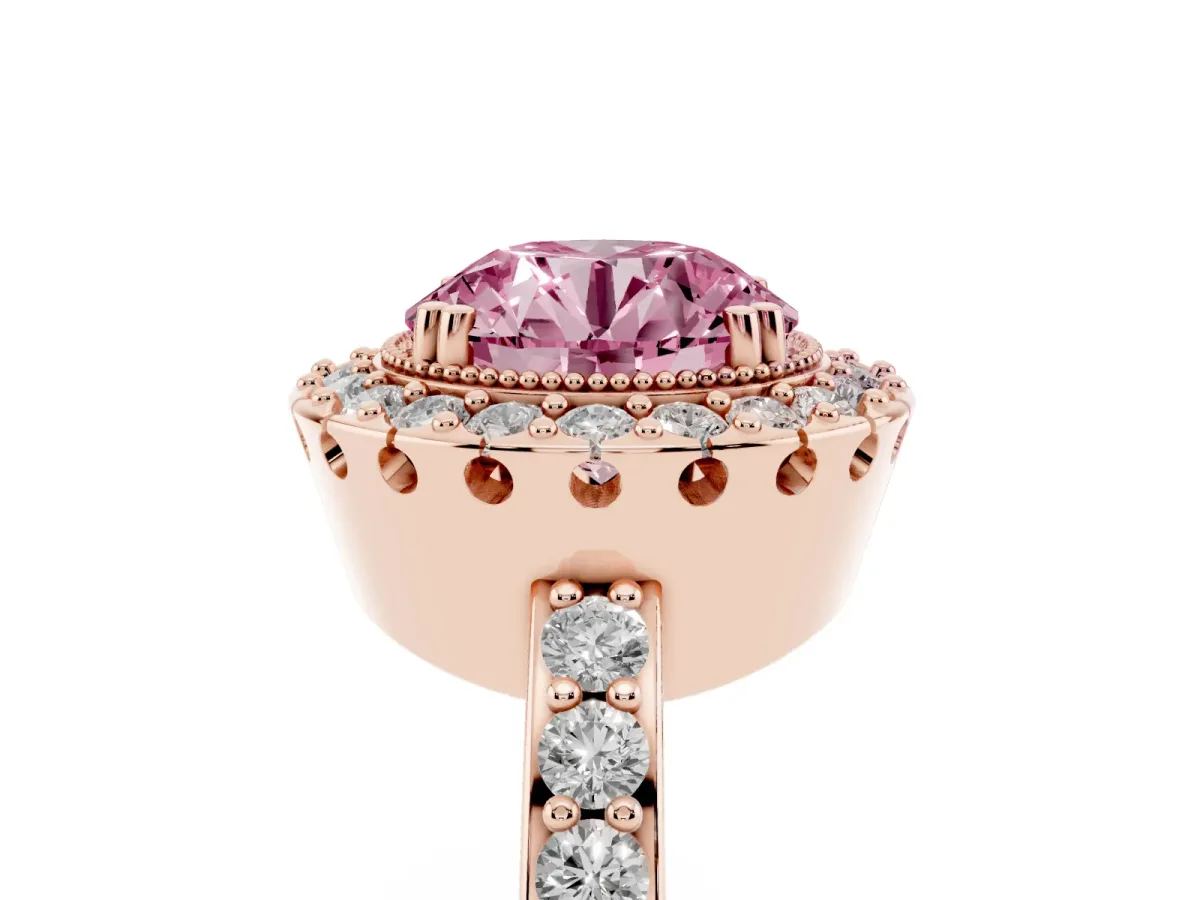 Fancy Pink Round Cut Diamond Halo Ring with Pavé Band and Prong Setting Rose gold