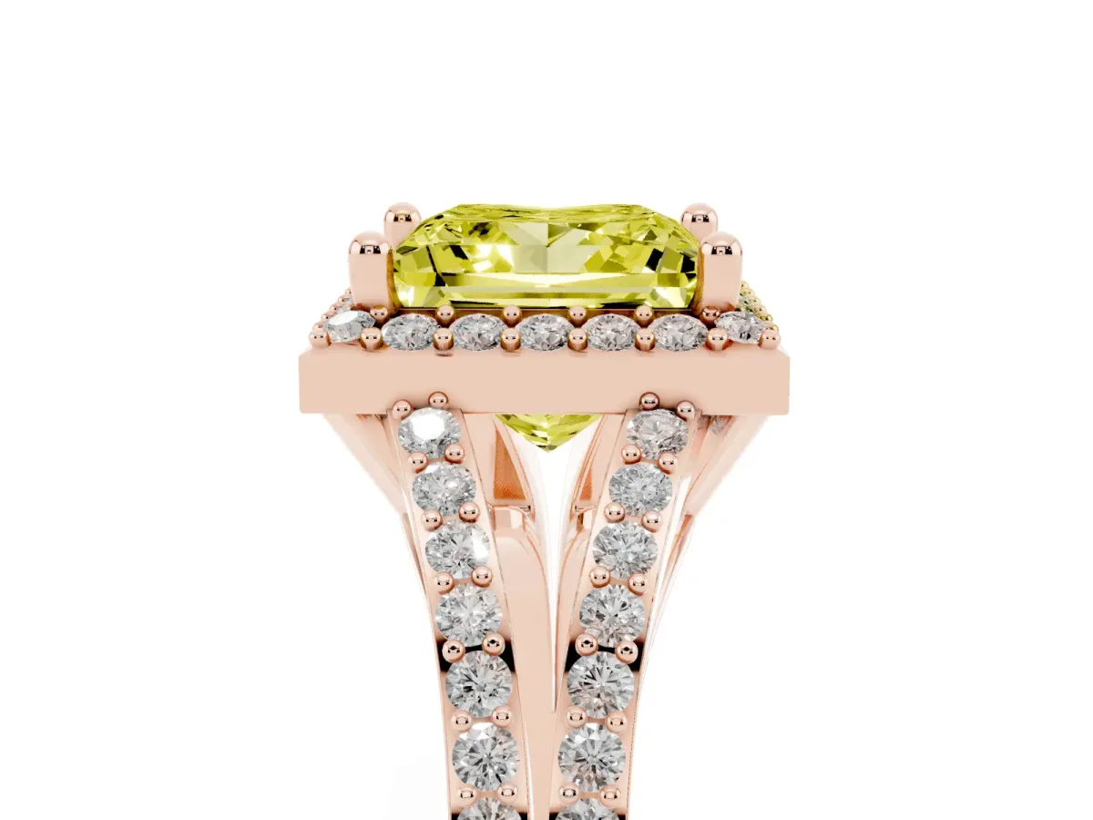 Fancy Yellow Princess Cut Halo Split Shank Diamond Ring with Prong Setting Rose gold