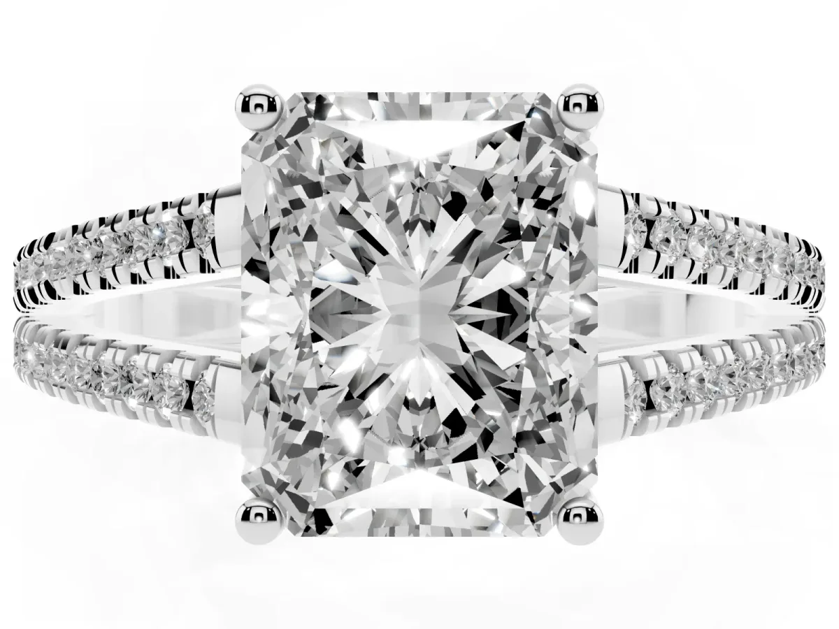 Radiant Cut Diamond Solitaire Engagement Ring with Split Shank Pavé Band Silver