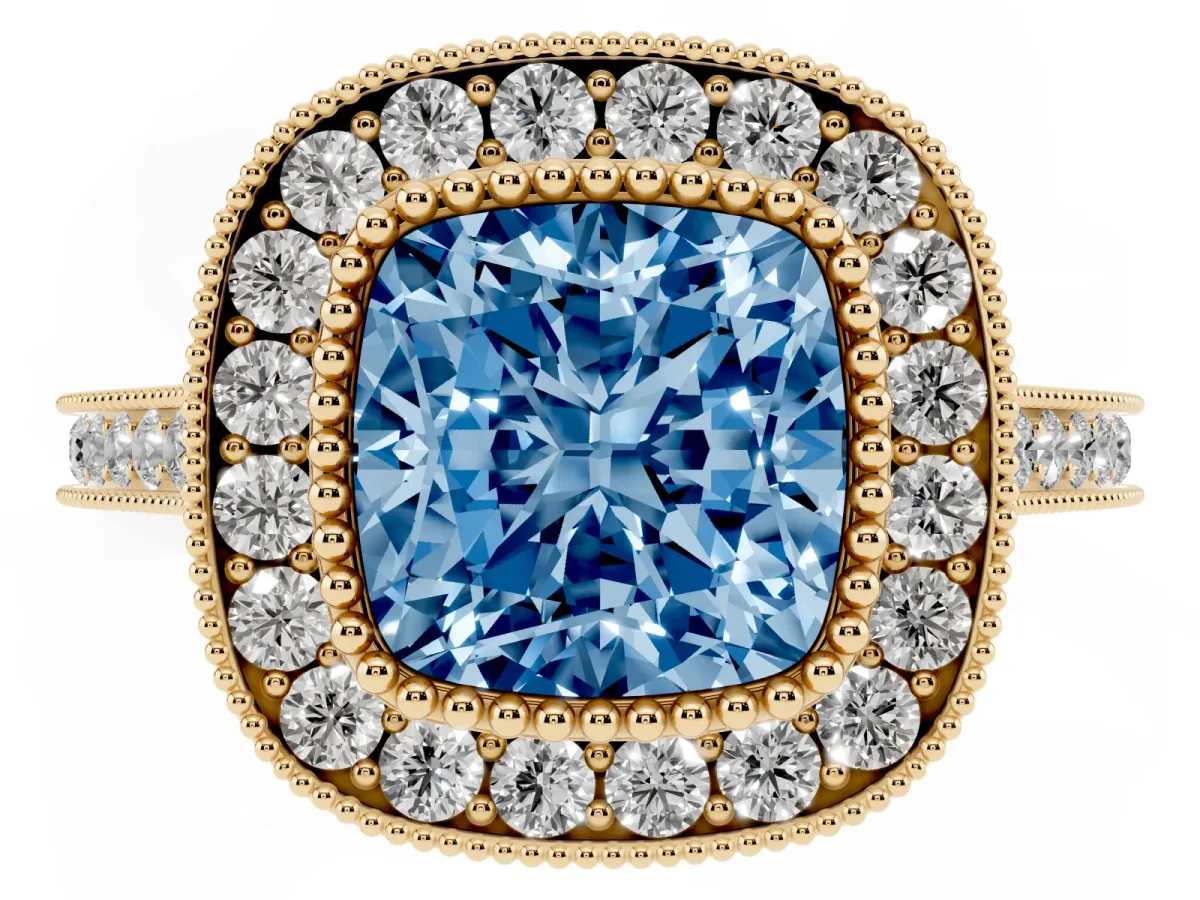 Fancy Blue Cushion Cut Diamond Halo Ring with Milgrain Frame and Pavé Band Yellow gold