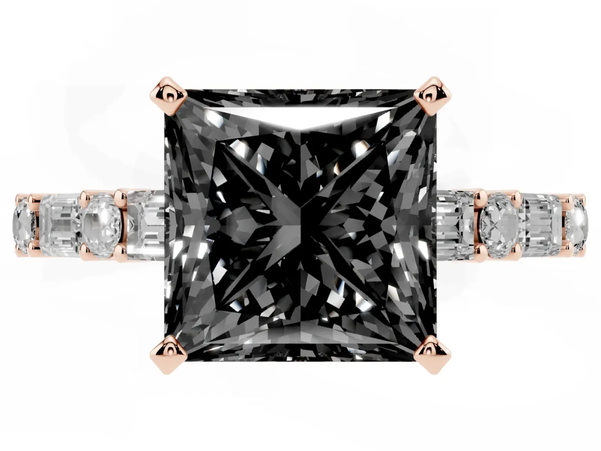 Fancy Black Princess Cut Diamond Solitaire with Side Baguettes and Channel Set Band Rose gold