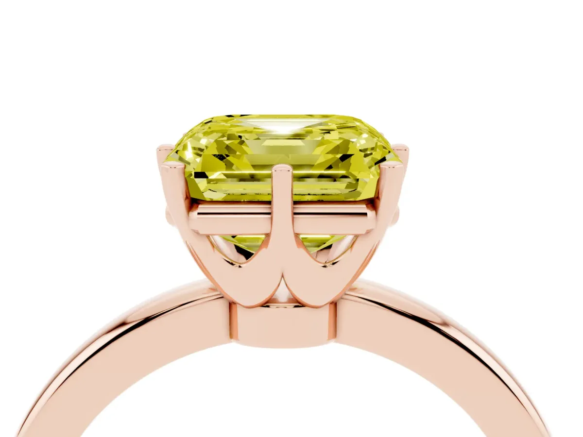 Fancy Yellow Asscher Cut Solitaire Diamond Ring with Six-Prong Setting on a Classic Band Rose gold