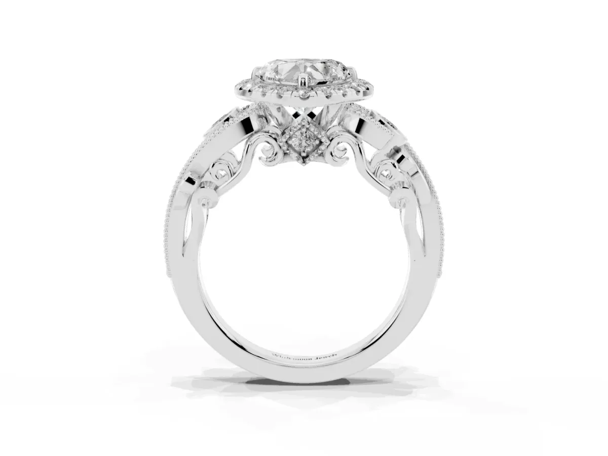 Heart Cut Halo Diamond Ring with Milgrain and Bezel Accents on a Split Shank Band Silver