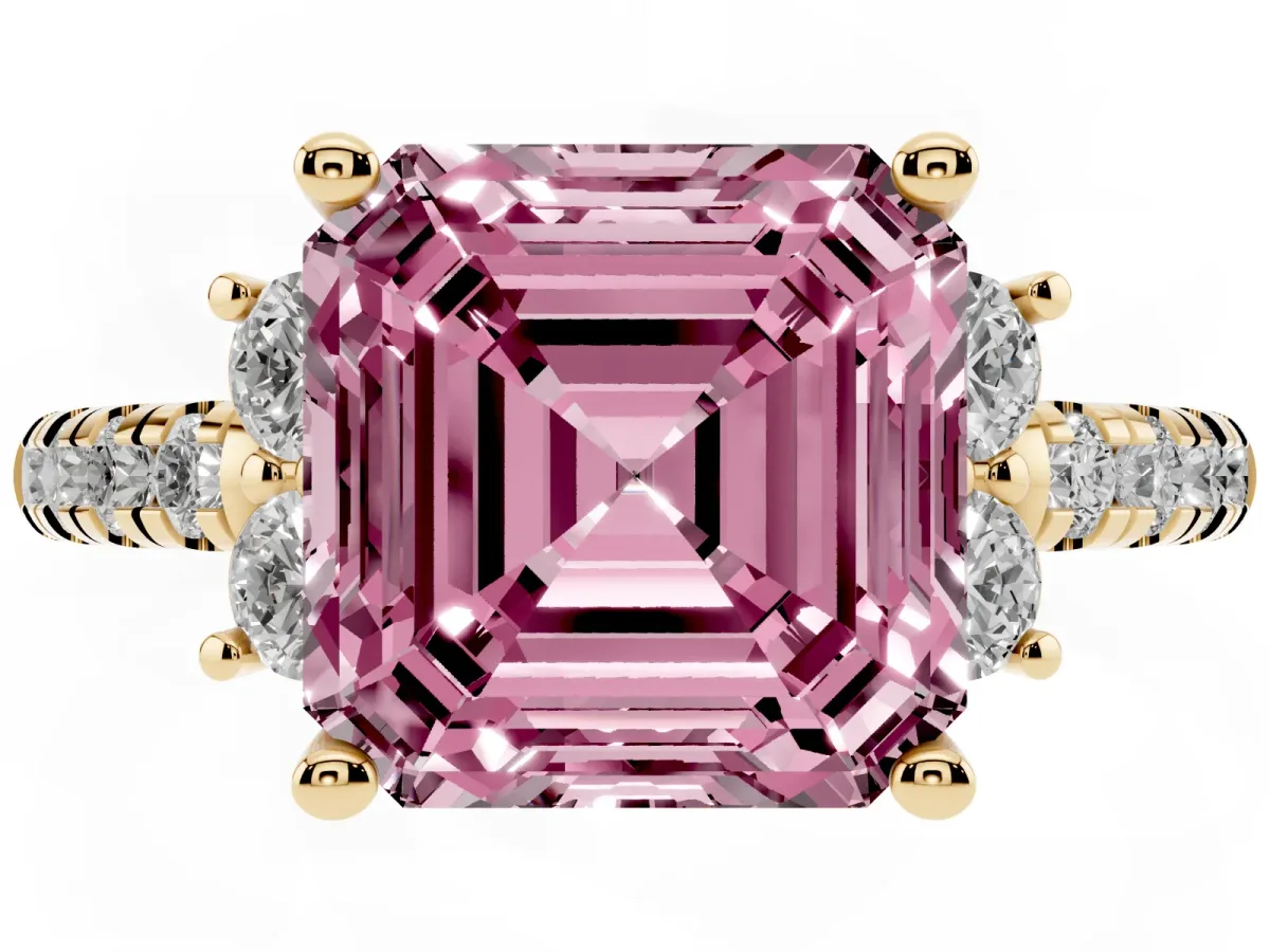 Fancy Pink Asscher Cut Diamond Three-Stone Pave Band with Four-Prong Setting Yellow gold