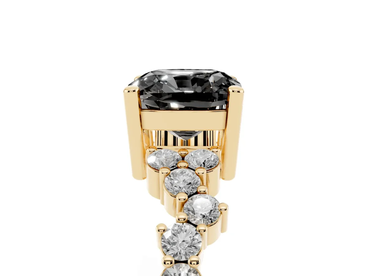 Fancy Black Cushion Cut Diamond Scattered Round Accent Ring with Prong Setting Yellow gold