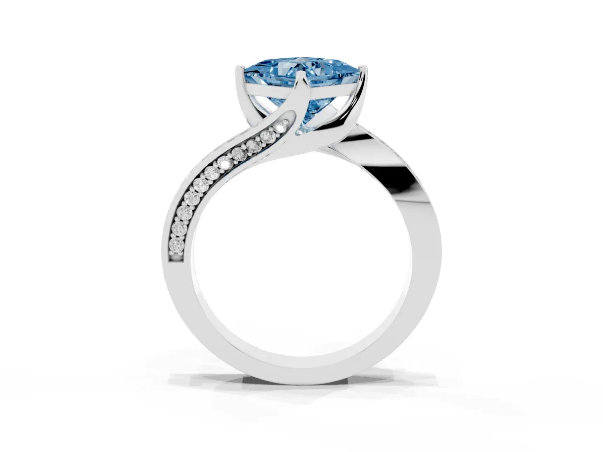 Fancy Blue Princess Cut Solitaire Diamond Twist Band with Pavé Setting and Four-Prong Setting Silver