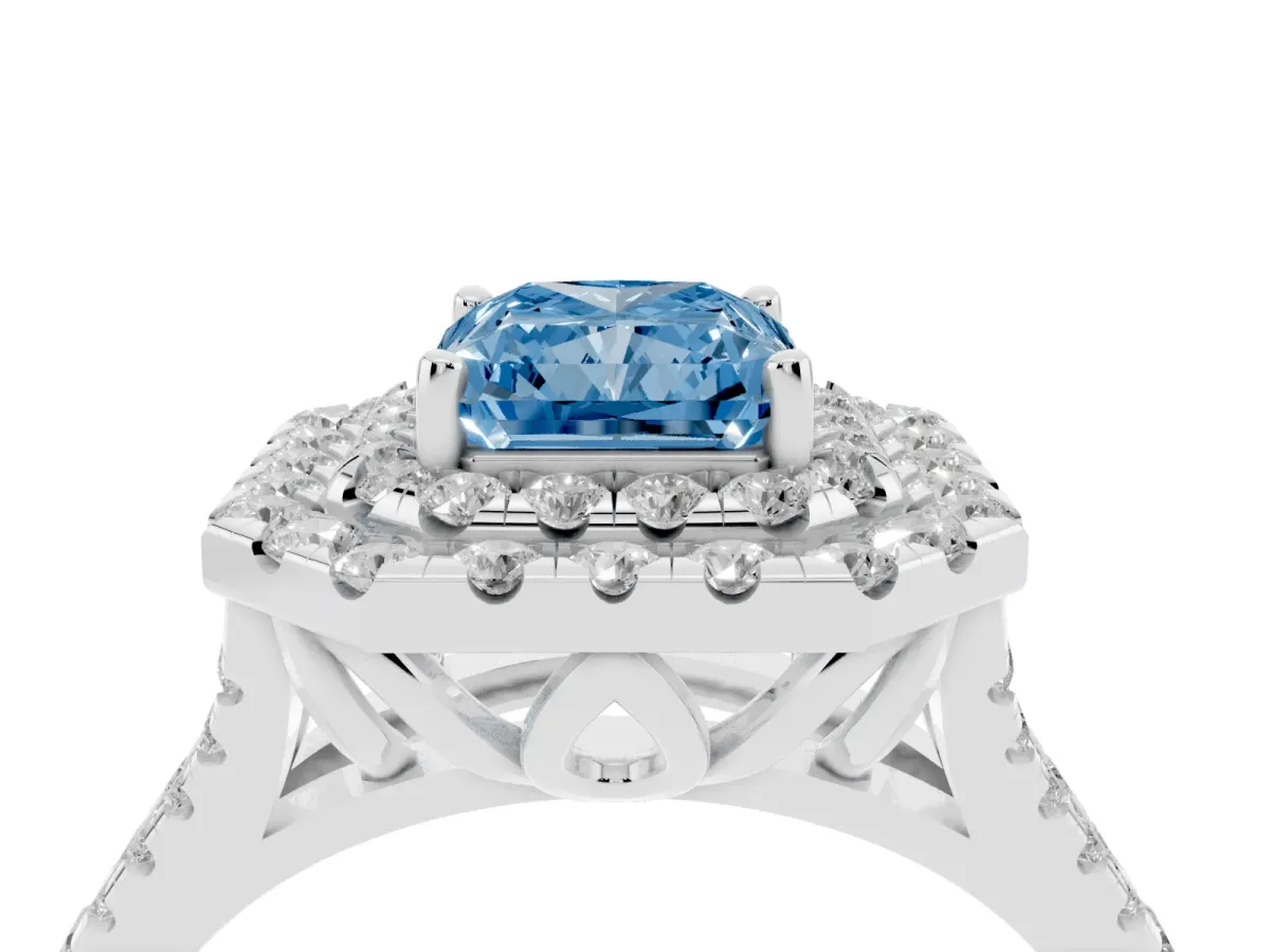 Fancy Blue Double Halo Radiant Cut Diamond Pavé Split Shank Ring with Prong Setting Platinum