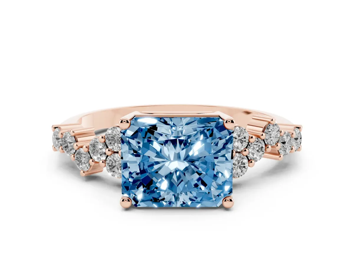 Fancy Blue Radiant Cut Diamond Scattered Round Accent Ring with Prong Setting Rose gold