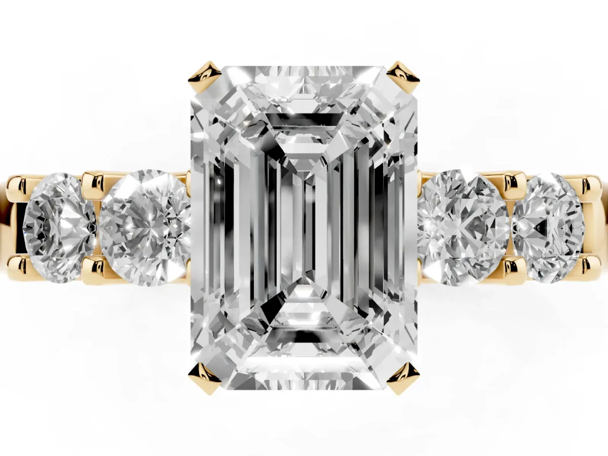 Emerald Cut Brilliant Cut Diamond Five-Stone Prong Set Engagement Ring with Channel Band Yellow gold