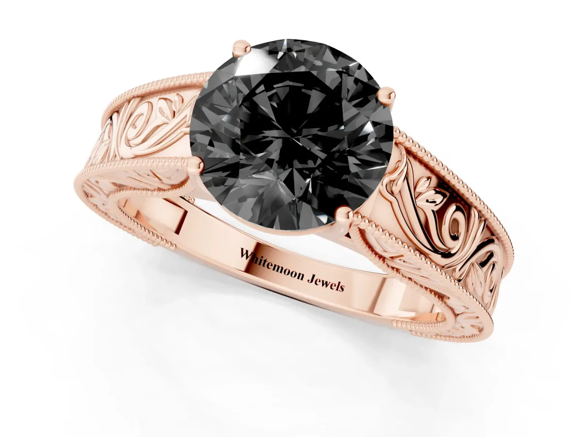 Fancy Black Round Cut Diamond Solitaire Ring with Engraved Band and Four-Prong Setting Rose gold