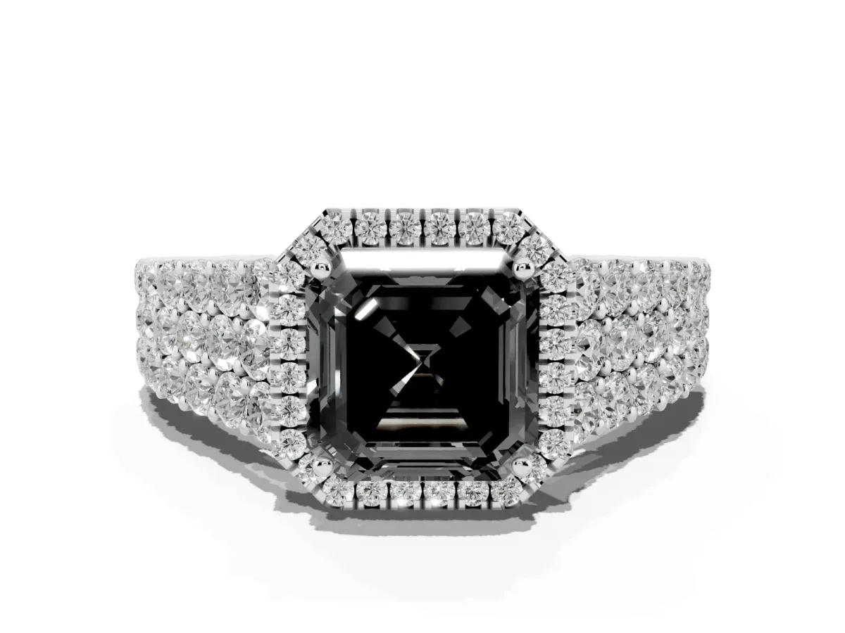 Fancy Black Asscher Cut Diamond Halo Engagement Ring with Triple Row Round Pavé Band and Prong Setting Silver