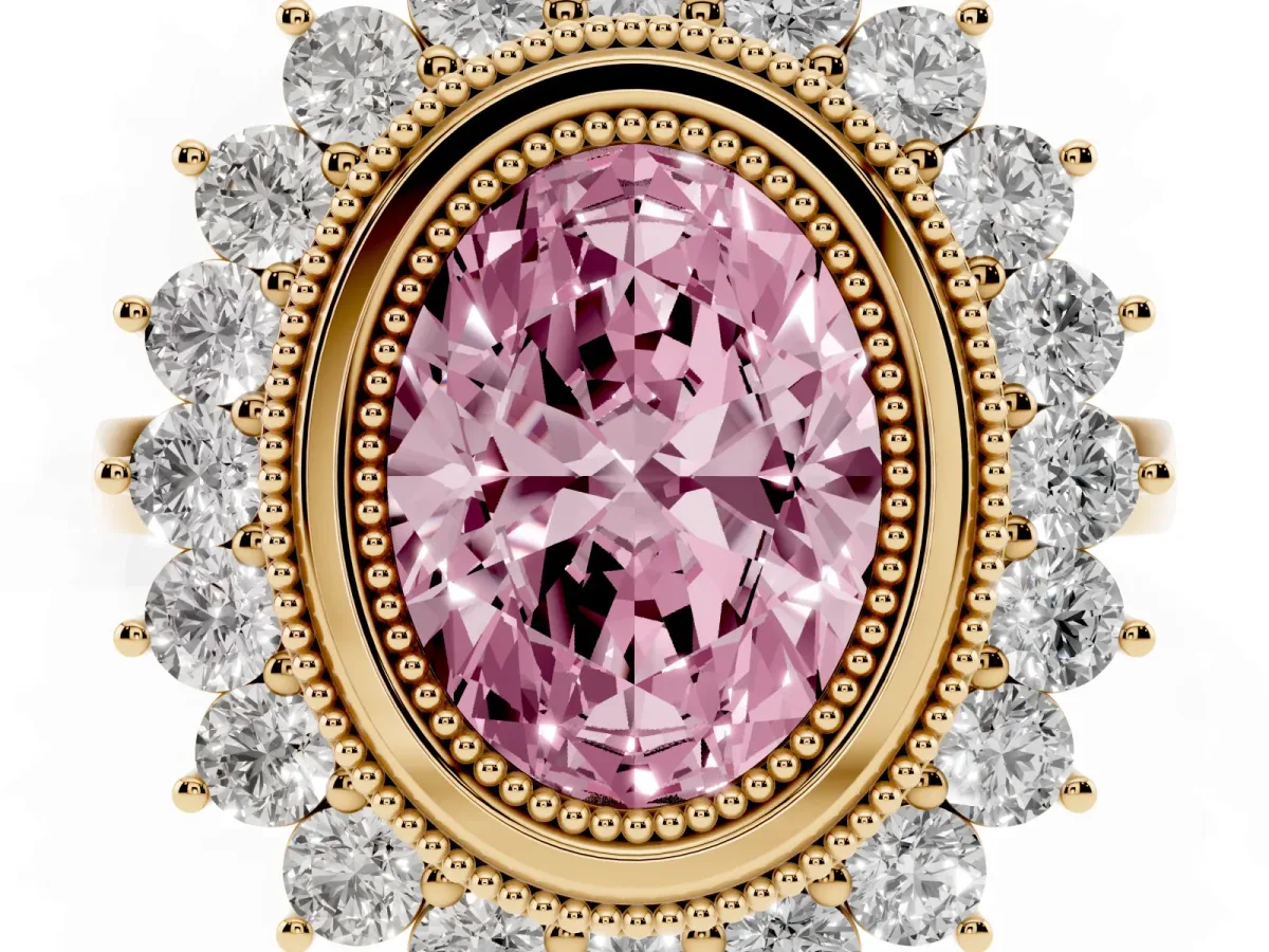Fancy Pink Oval Cut Halo Diamond Ring with Milgrain Edge and Round Prong Setting Yellow gold