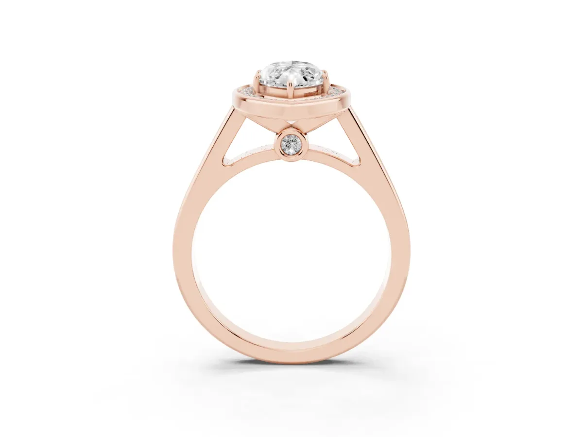 Marquise Cut Halo Solitaire Diamond Ring with Pave Band and Bezel Setting Rose gold