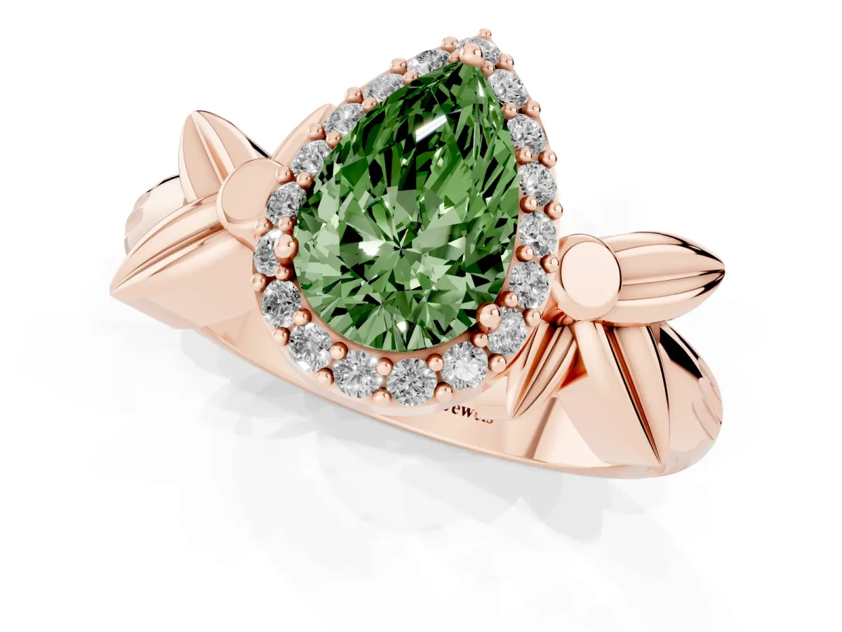 Fancy Green Pear Cut Halo Diamond Floral Band with Four-Prong Setting Rose gold