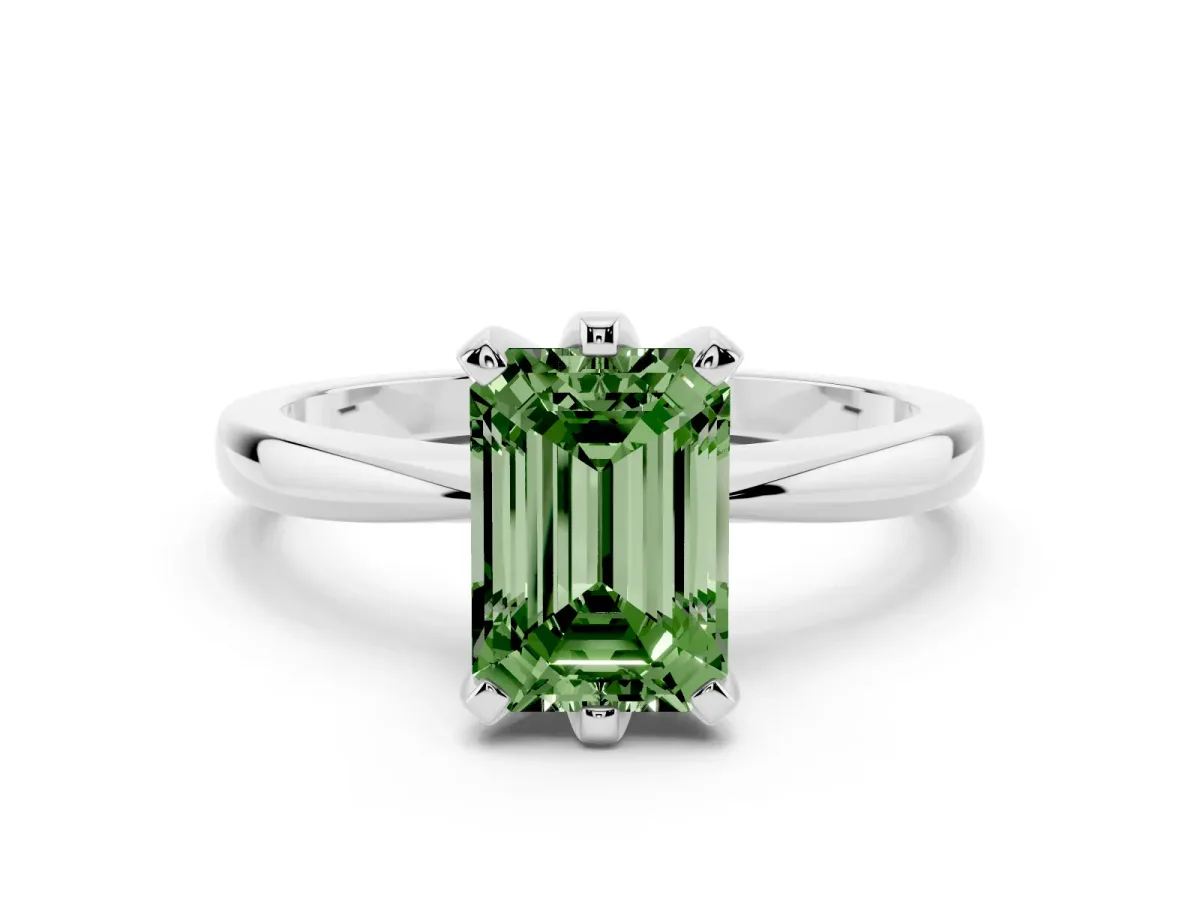Fancy Green Emerald Cut Solitaire Engagement Ring with Six-Prong Setting and Tapered Band Platinum