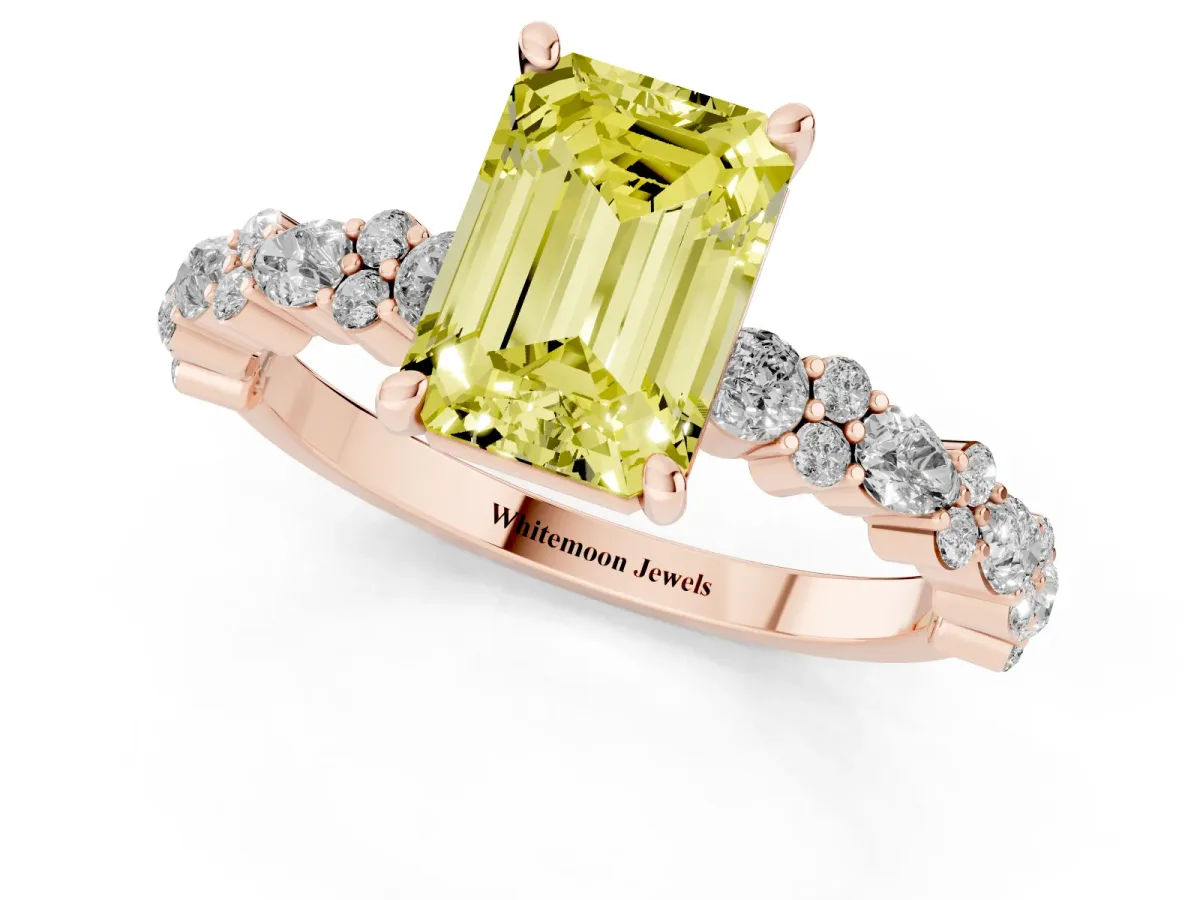 Fancy Yellow Emerald Cut Diamond Side Stone Solitaire Ring with Round and Four-Prong Setting Rose gold