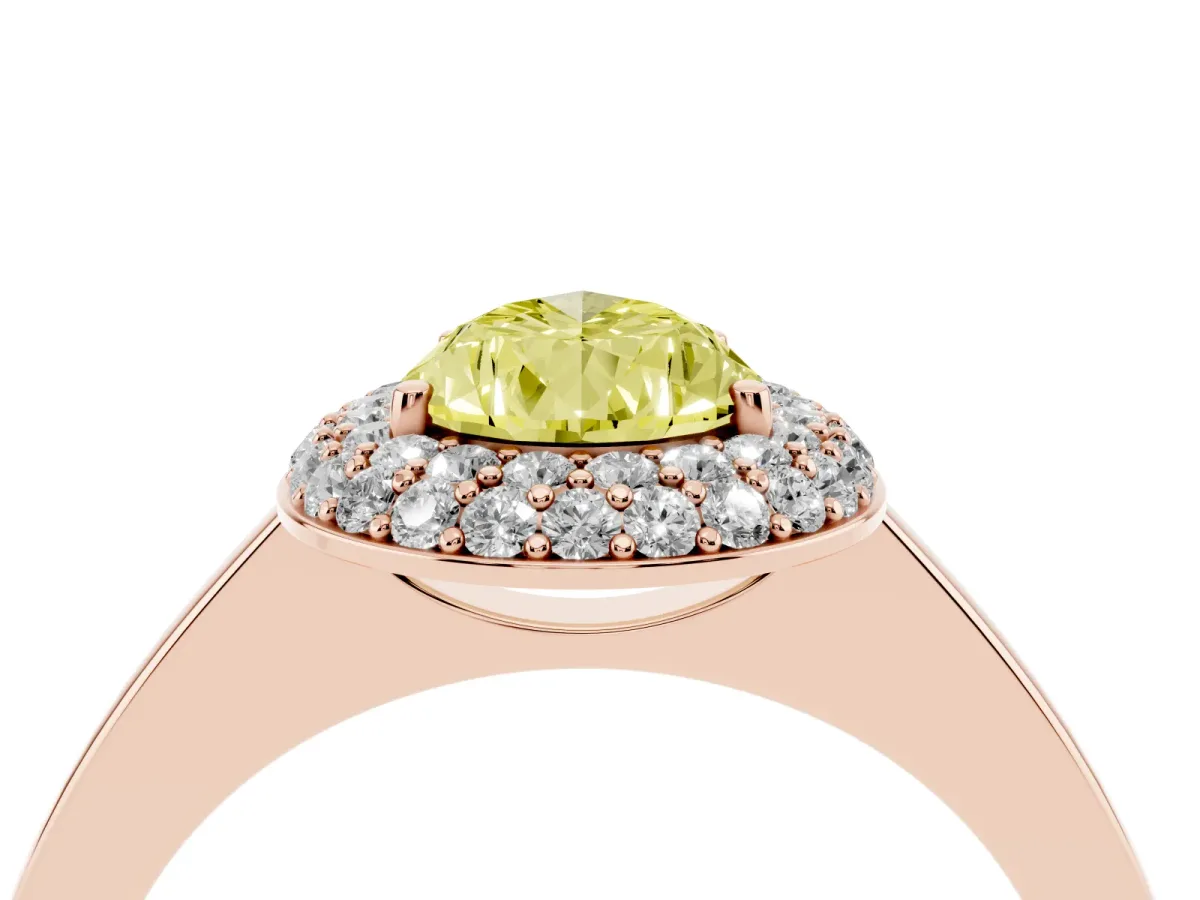 Fancy Yellow Pear Cut Halo Diamond Engagement Ring with Solitaire Band and Four-Prong Setting Rose gold