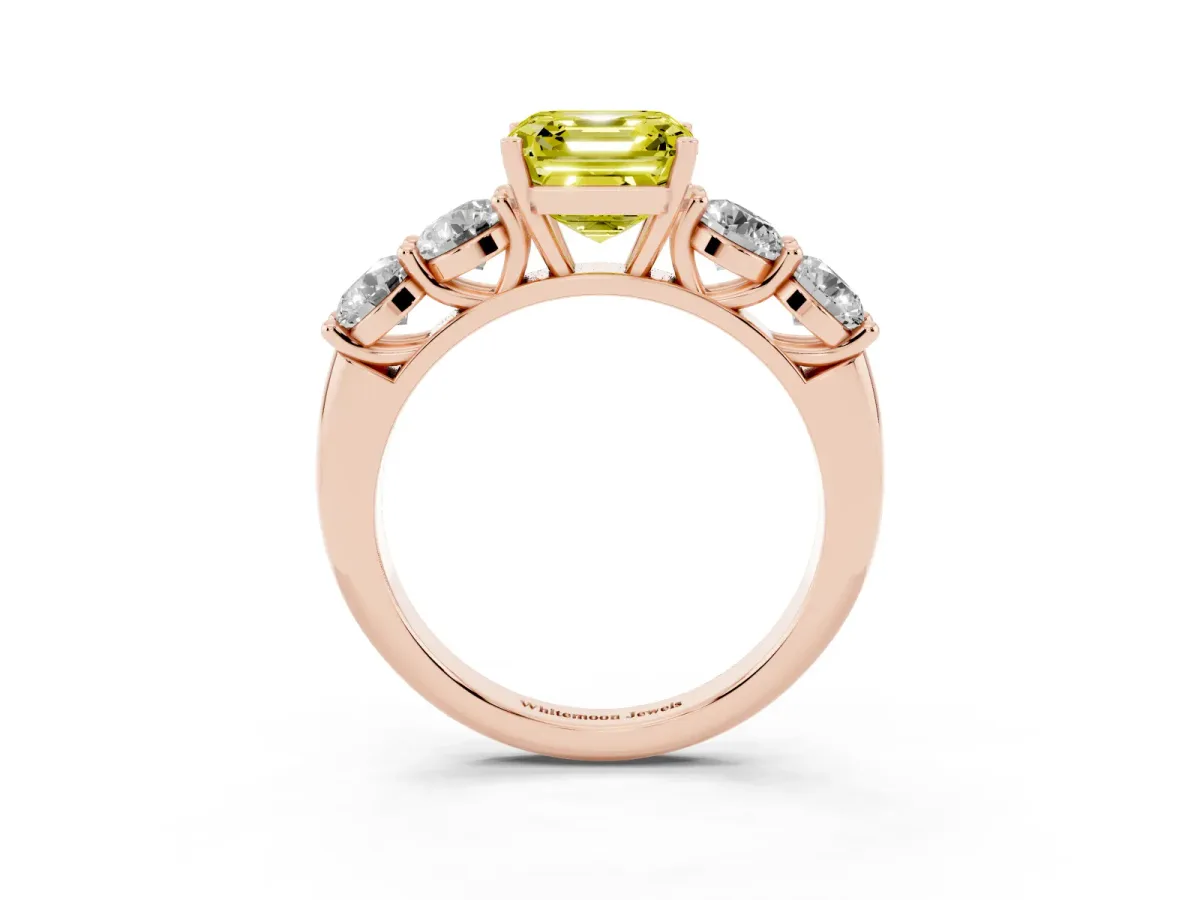 Fancy Yellow Asscher Cut Cut Five-Stone Prong Set Diamond Ring with Classic Band Rose gold