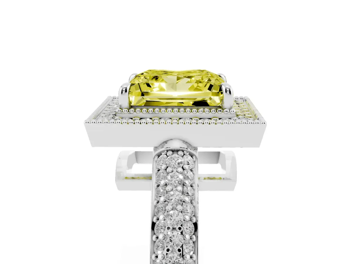 Fancy Yellow Princess Cut Cut Halo Diamond Pave Band with Four-Prong Setting Silver