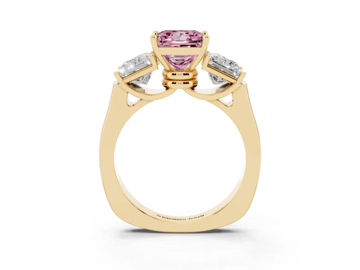 Fancy Pink Three-Stone Princess Cut Brilliant Diamond Trellis Ring with Comfort Fit Band Yellow gold