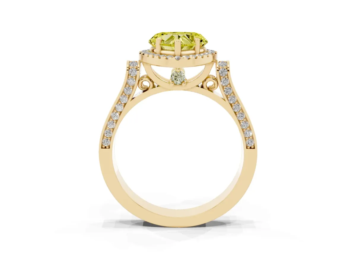 Fancy Yellow Heart Cut Halo Round Diamond Twist Band with Four-Prong Setting Yellow gold