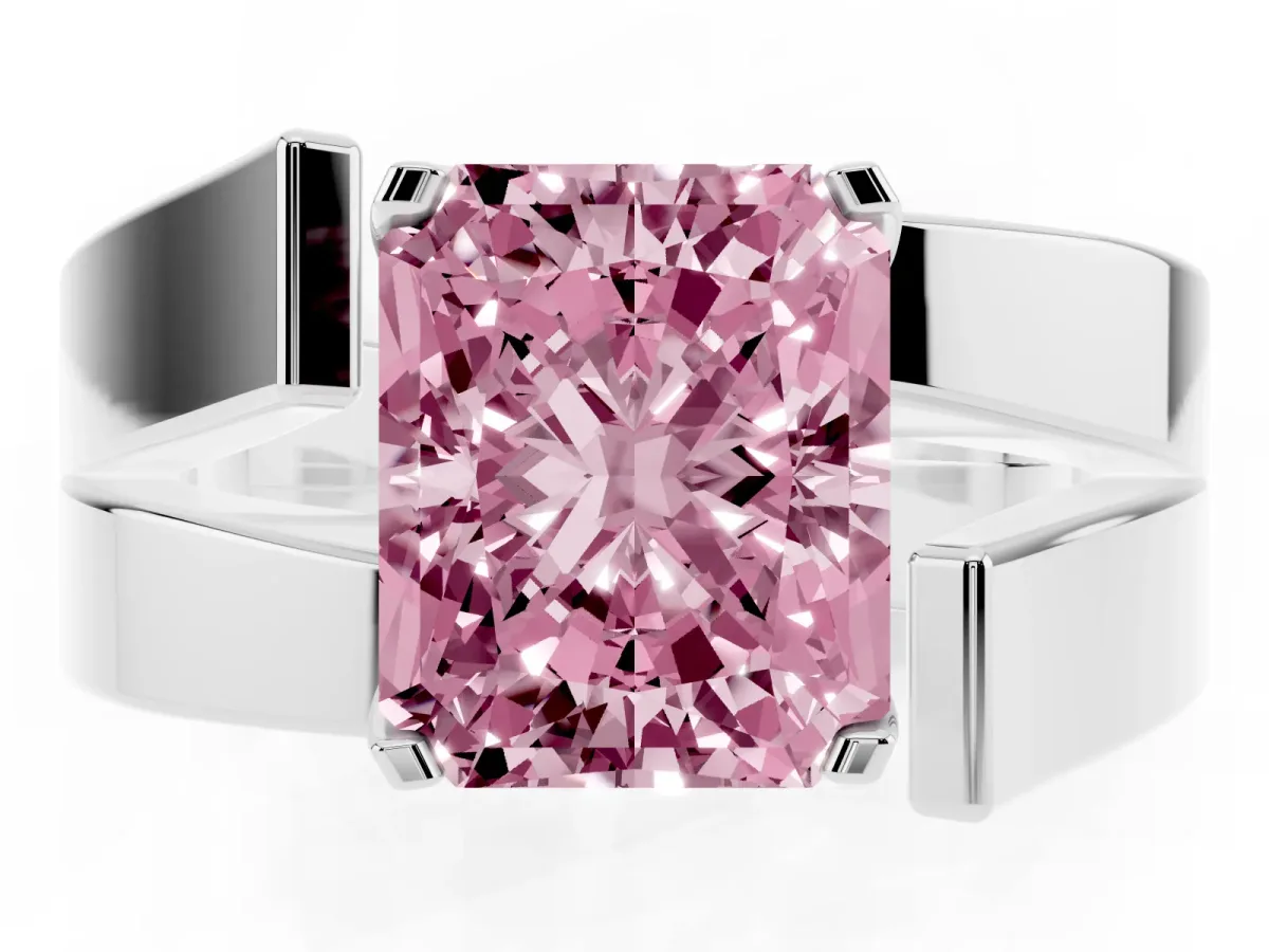 Fancy Pink Modern Tension Set Radiant Cut Diamond Solitaire Wide Band Ring Silver