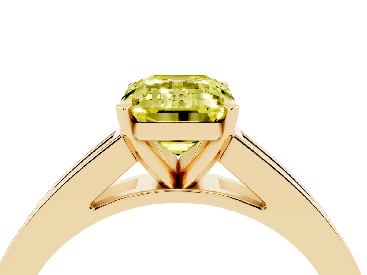 Fancy Yellow Emerald Cut Solitaire Diamond Ring with Channel-Set Band and Four-Prong Setting Yellow gold