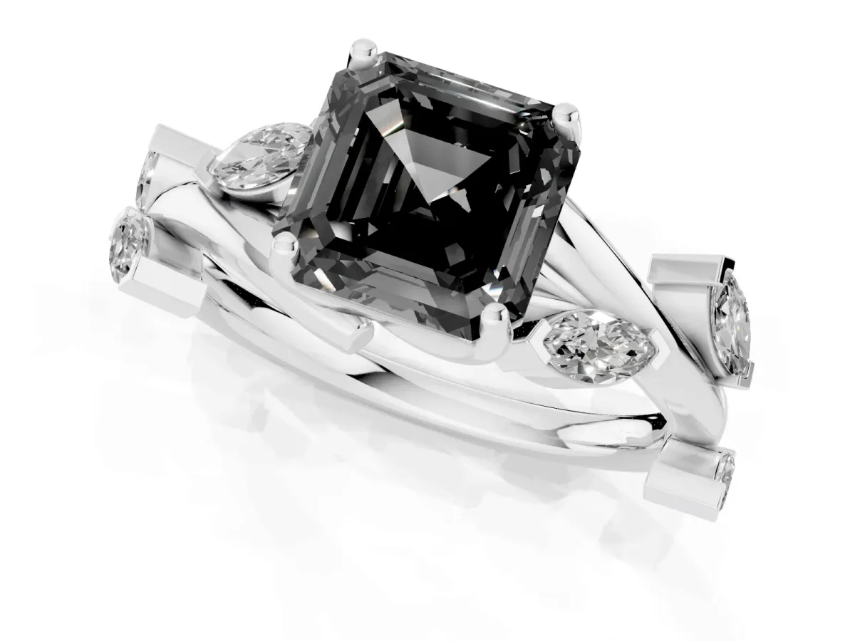 Fancy Black Asscher Cut Solitaire Twisted Band Marquise Accent Prong Setting Ring Platinum