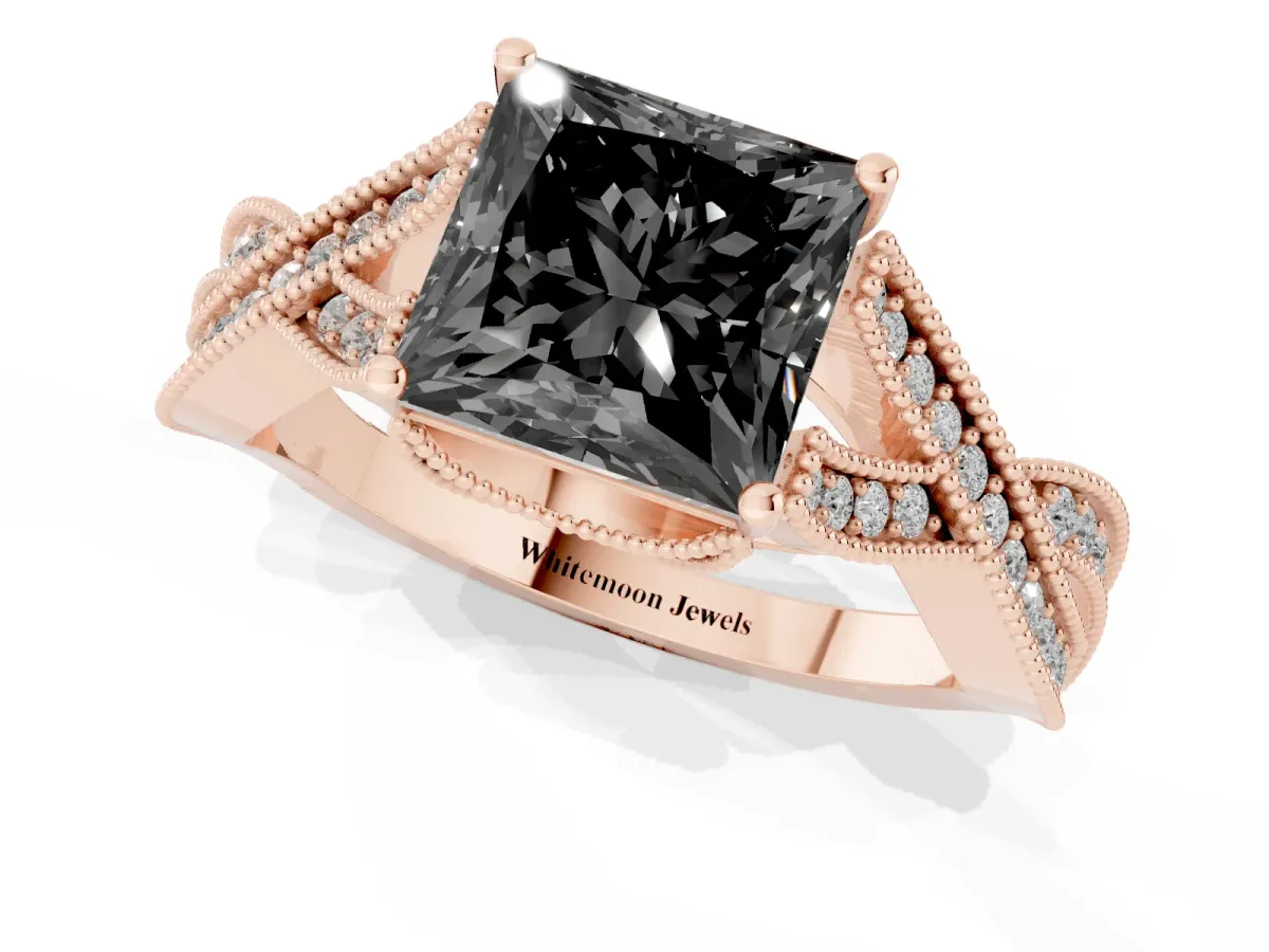 Fancy Black Princess Cut Cut Diamond Twisted Band with Milgrain Pave Setting and Four-Prong Setting Rose gold