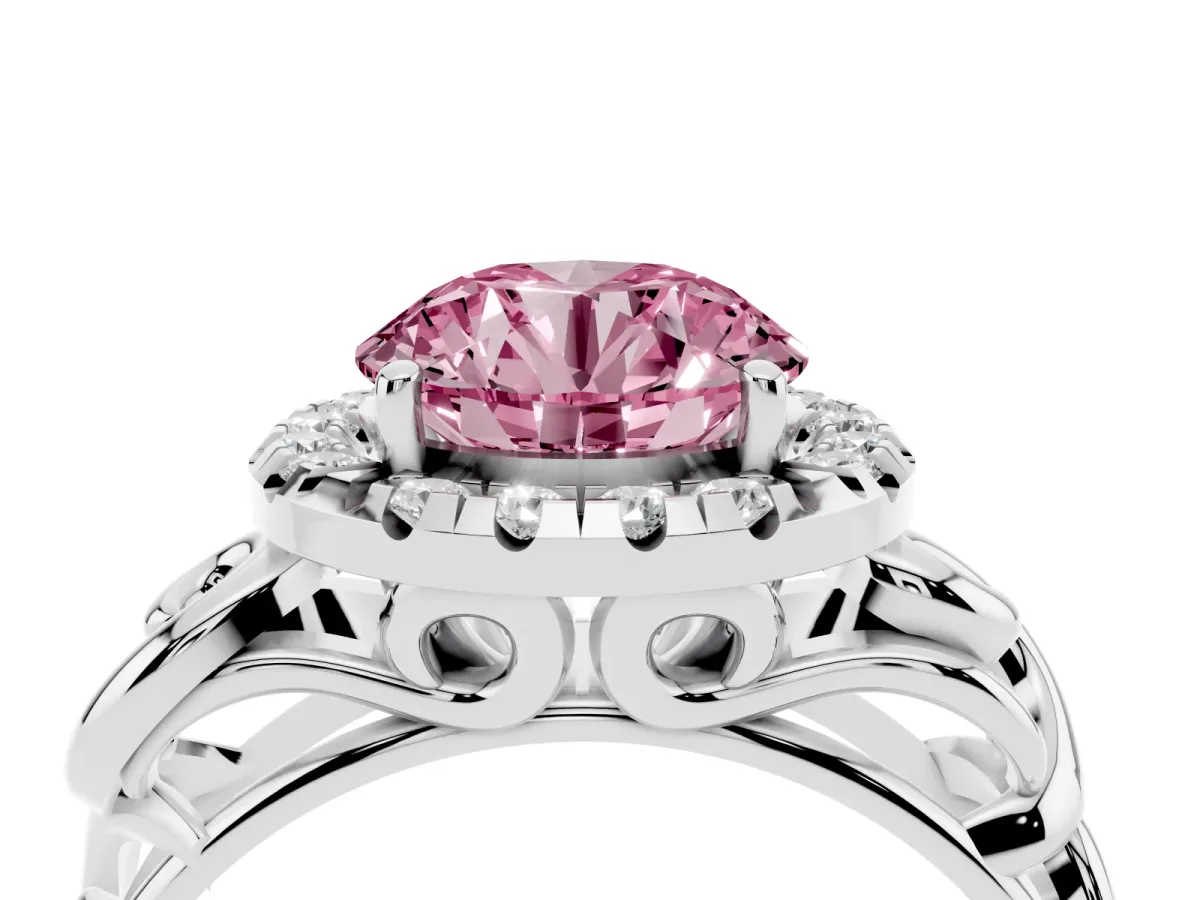 Fancy Pink Round Cut Cut Halo Diamond Ring with Scrollwork Band and Four-Prong Setting Silver