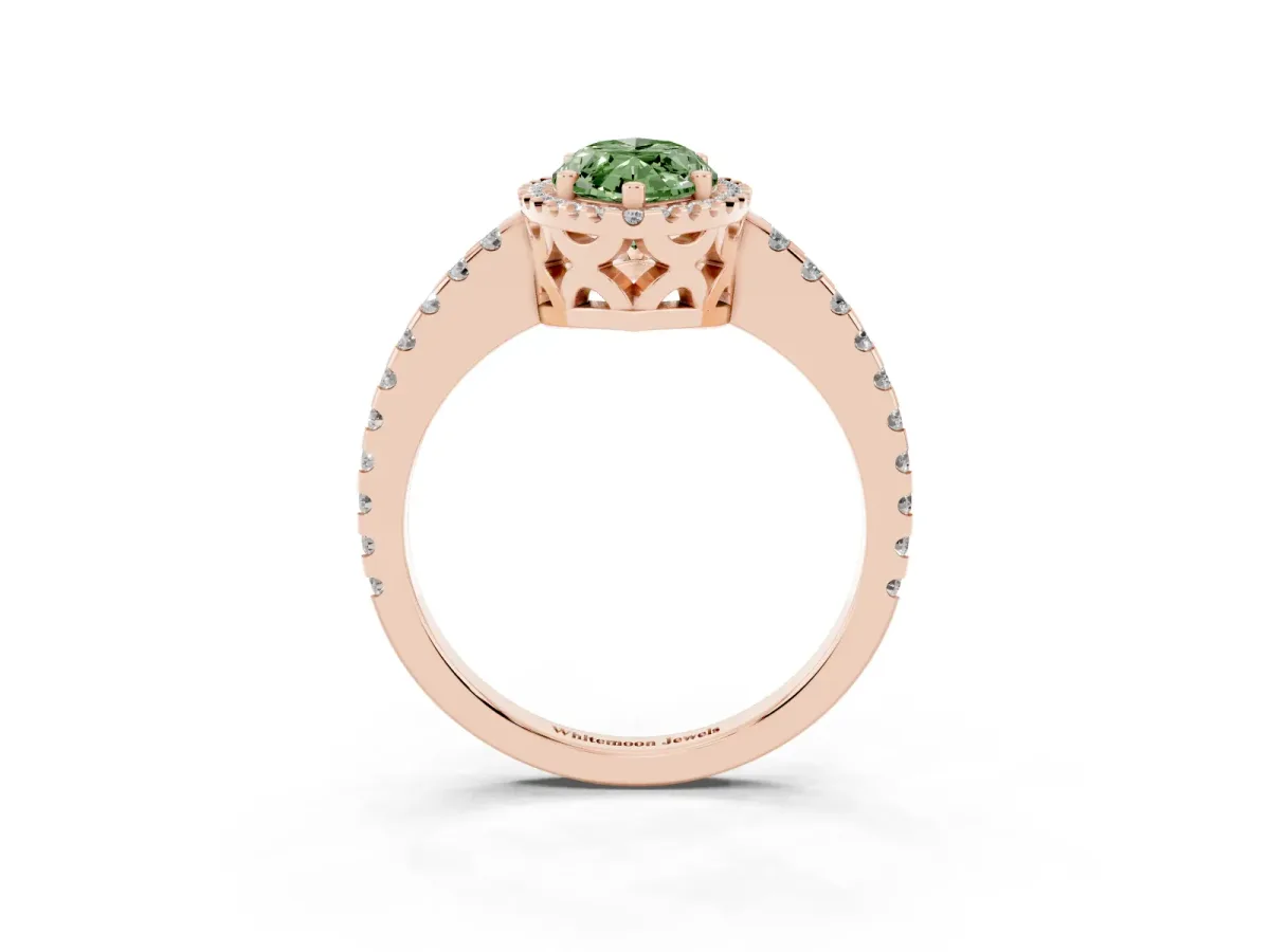 Fancy Green Marquise Cut Diamond Halo Engagement Ring with Pavé Band and Prong Setting Rose gold