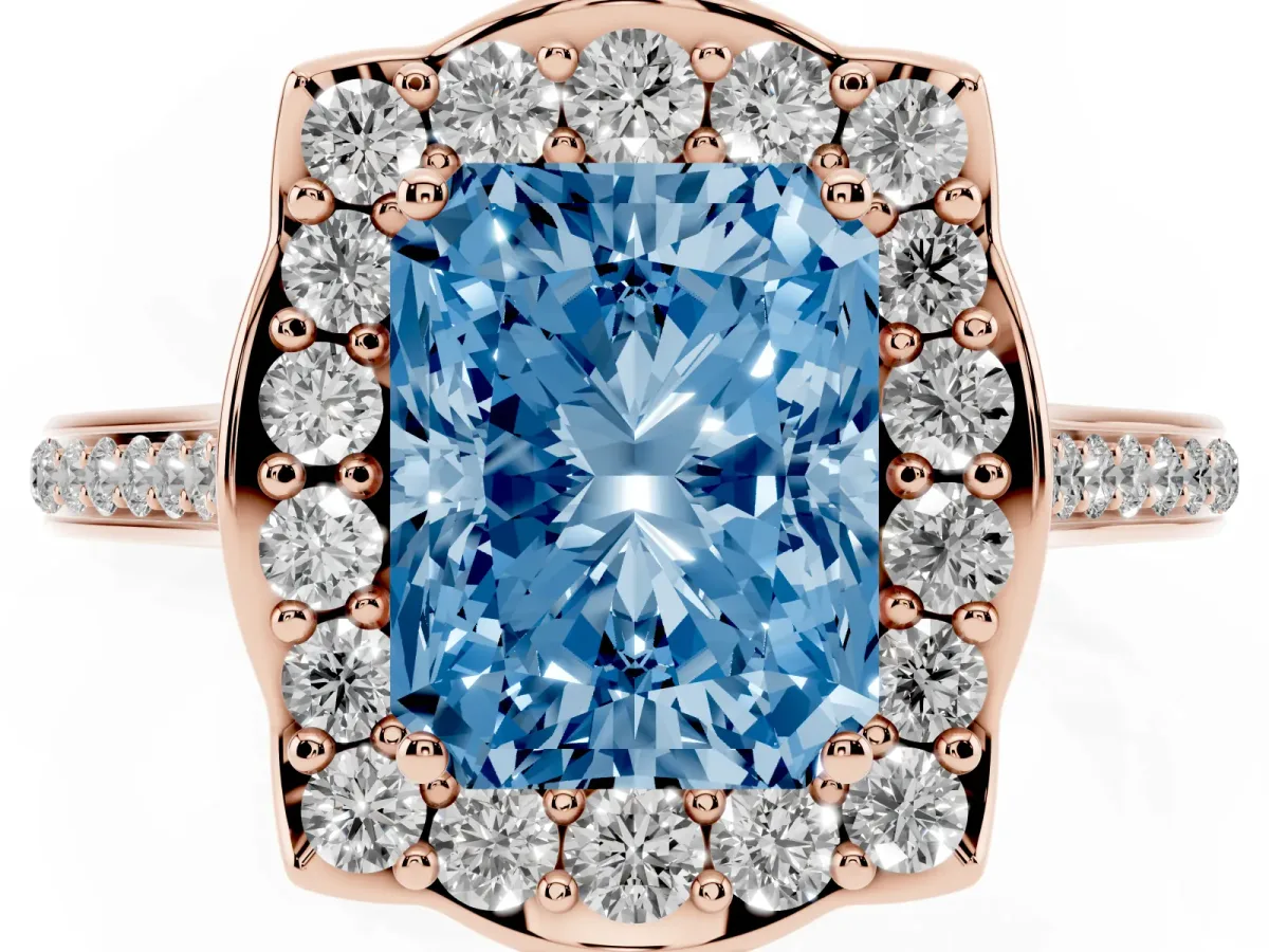 Fancy Blue Radiant Cut Halo Round Diamond Pave Band with Four-Prong Setting Rose gold