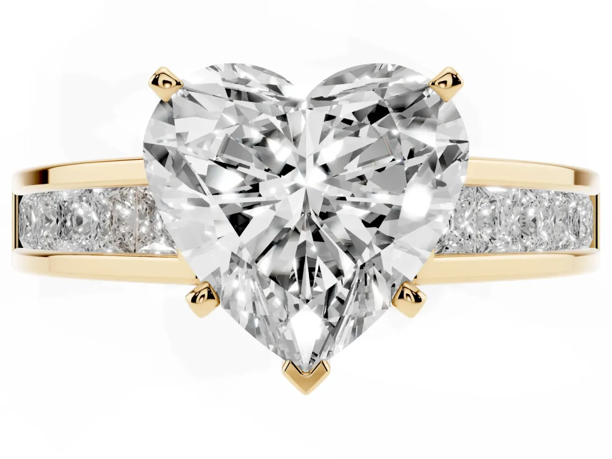 Heart Cut Solitaire Diamond Ring with Channel-Set Band and Four-Prong Setting Yellow gold