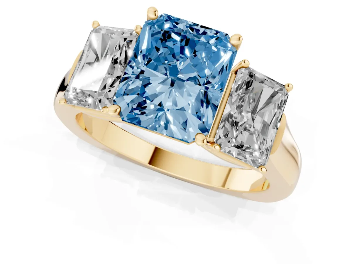 Fancy Blue Three-Stone Radiant Cut Brilliant Diamond Trellis Ring with Comfort Fit Band Yellow gold
