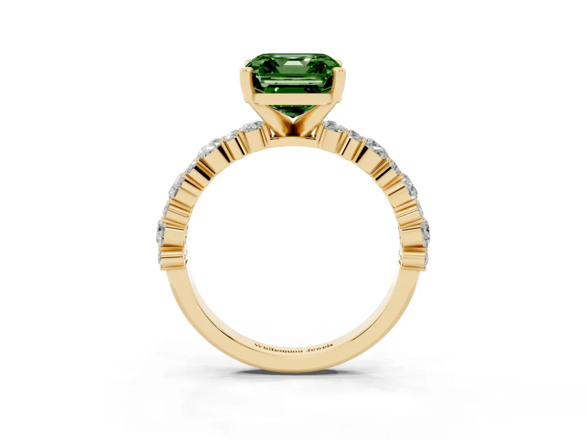 Fancy Green Asscher Cut Diamond Side Stone Solitaire Ring with Round and Four-Prong Setting Yellow gold