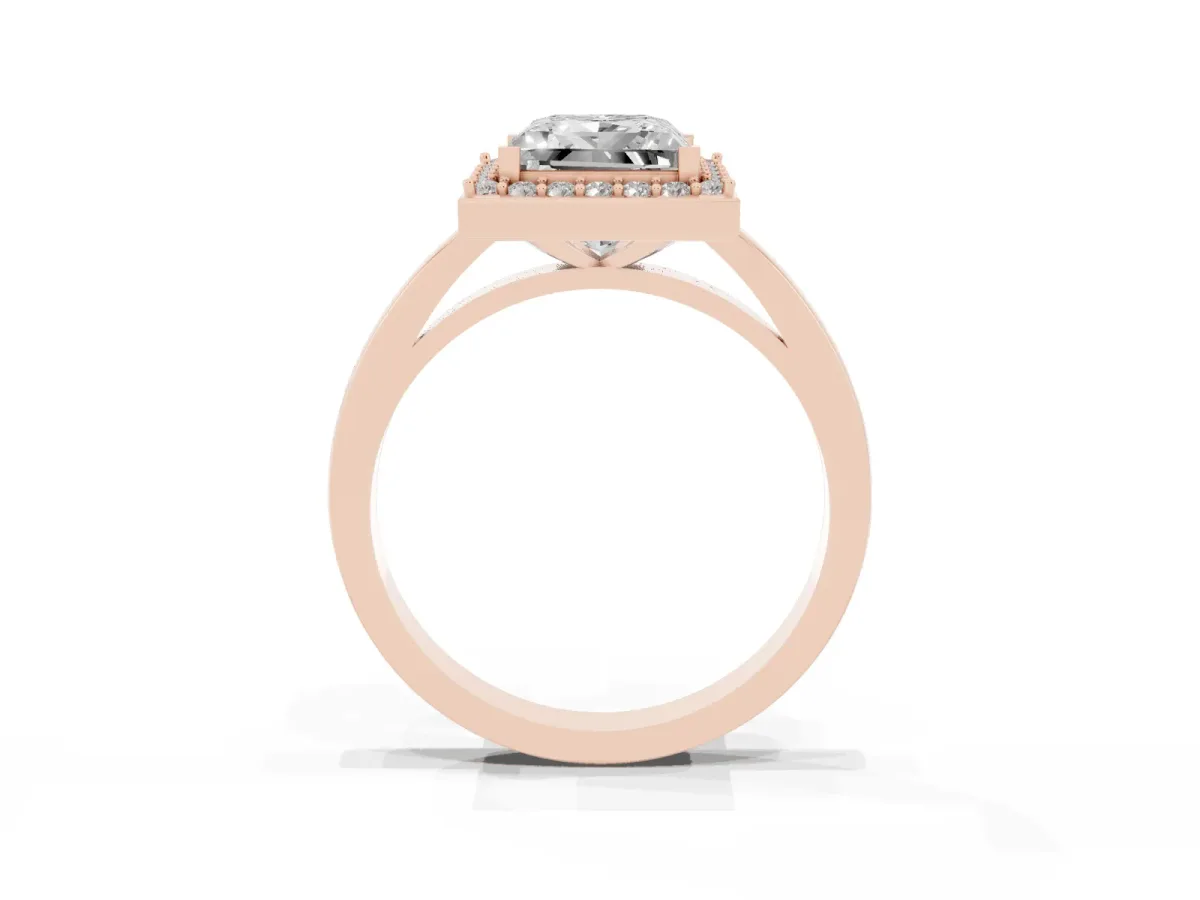 Princess Cut Halo Diamond Ring with Solitaire Band and Prong Setting Rose gold