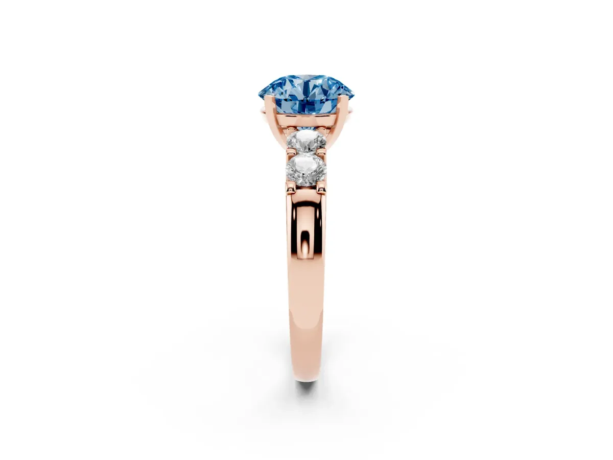 Fancy Blue Round Cut Brilliant Cut Diamond Five-Stone Prong Set Engagement Ring with Channel Band Rose gold