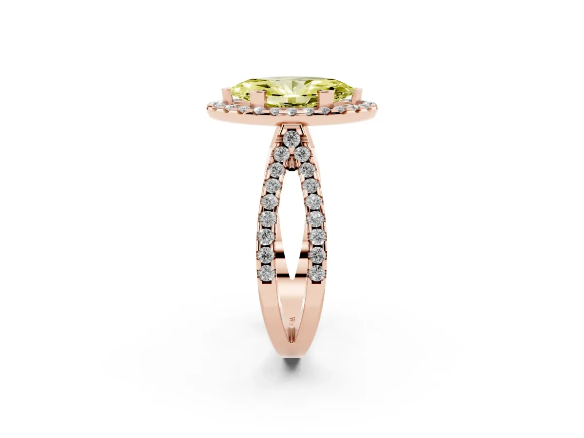 Fancy Yellow Marquise Cut Diamond Halo Ring with Split Shank Pavé Band and Prong Setting Rose gold