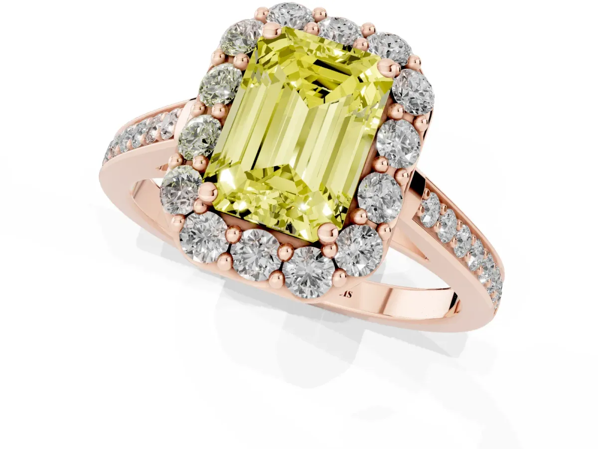Fancy Yellow Emerald Cut Diamond Floral Halo Ring with Pavé Band and Prong Setting Rose gold