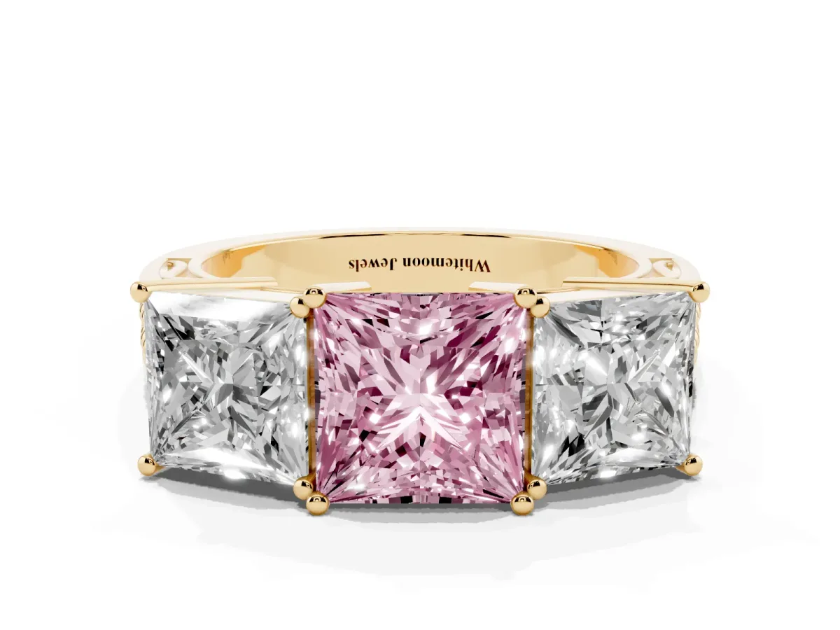 Fancy Pink Princess Cut Diamond Three-Stone Ring with Prong Setting and Textured Band Yellow gold