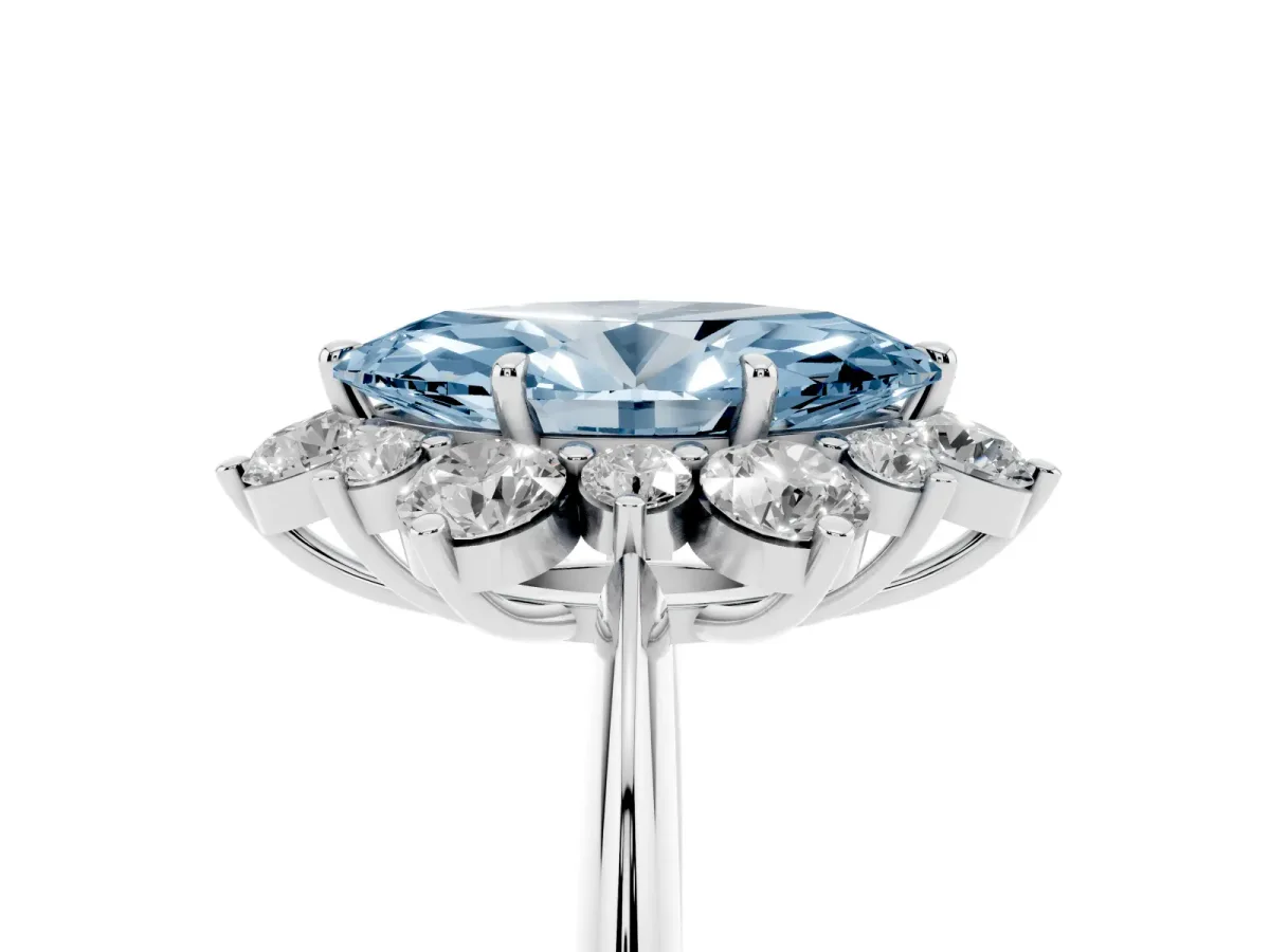Fancy Blue Marquise Cut Diamond Cluster Halo Ring with Solitaire Band and Four-Prong Setting White gold