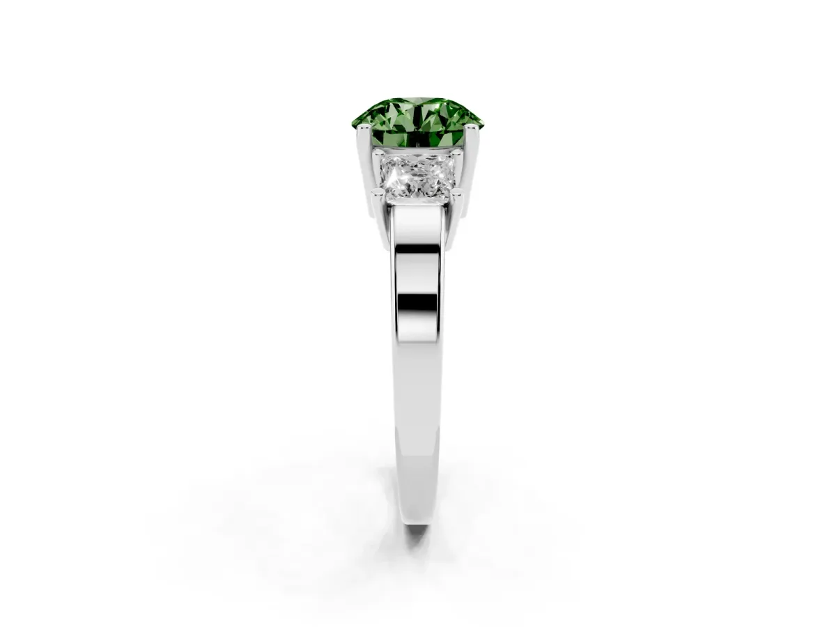 Fancy Green Three-Stone Round Cut Cut Solitaire Ring with Prong Setting Platinum