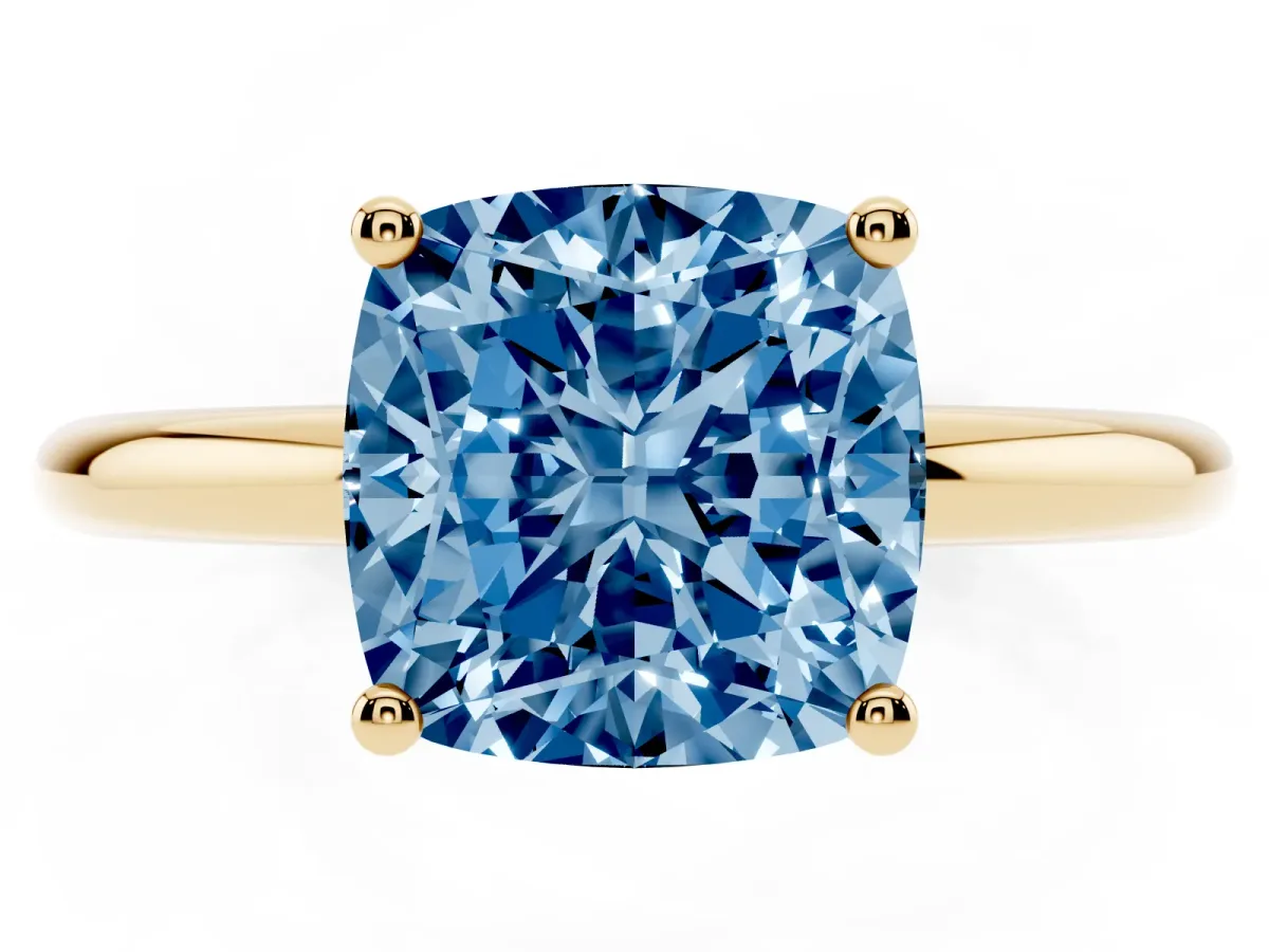 Fancy Blue Cushion Cut Cut Solitaire Engagement Ring with Four-Prong Setting and Classic Band Yellow gold