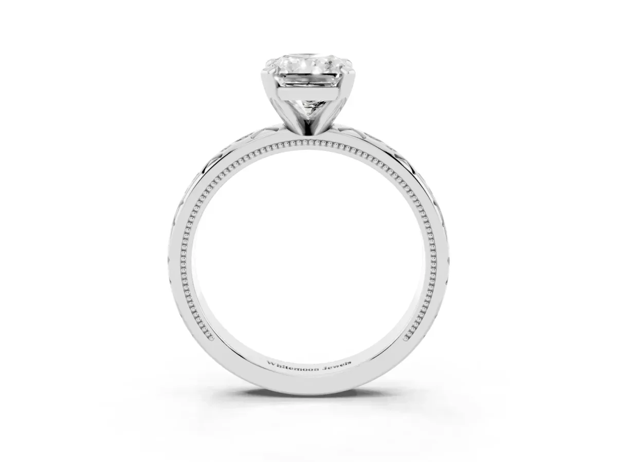 Radiant Cut Solitaire Engagement Ring with Scrollwork Band and Four-Prong Setting White gold